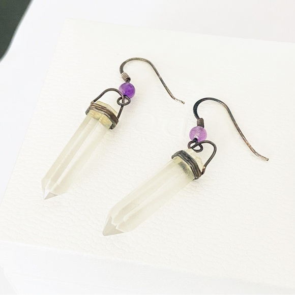 Sterling silver amethyst crystal point drop earrings - Picture 3 of 6